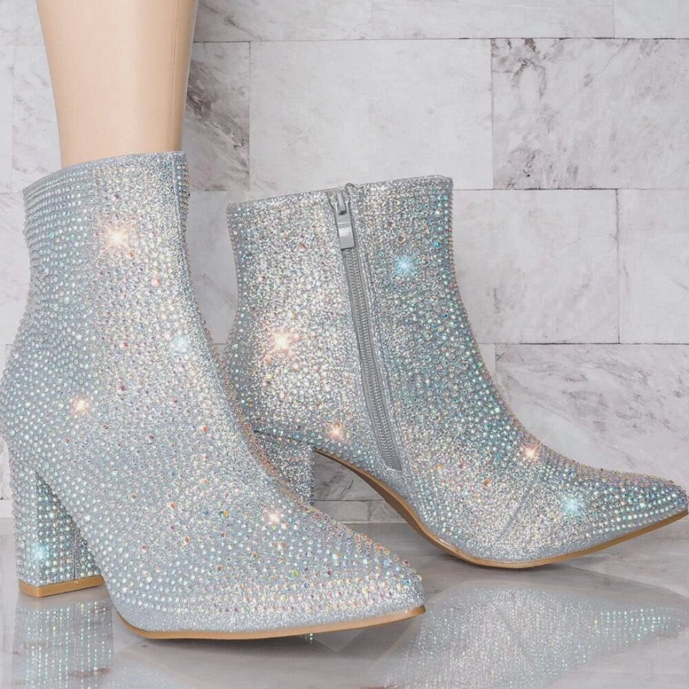 Women's Rhinestone Embellished Pointed Toe Ankle Booties